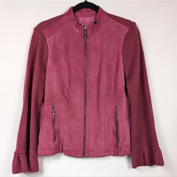 AMI Burgundy Leather Knit Jacket with Bell Sleeves Women’s Medium - Picture 1 of 9
